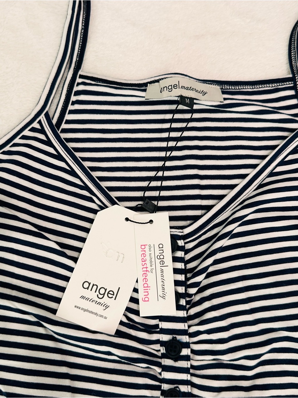 Angel Maternity Set: Navy Blue Lace-Trim Robe with NWT Striped Nightgown M/L - Picture 4 of 12